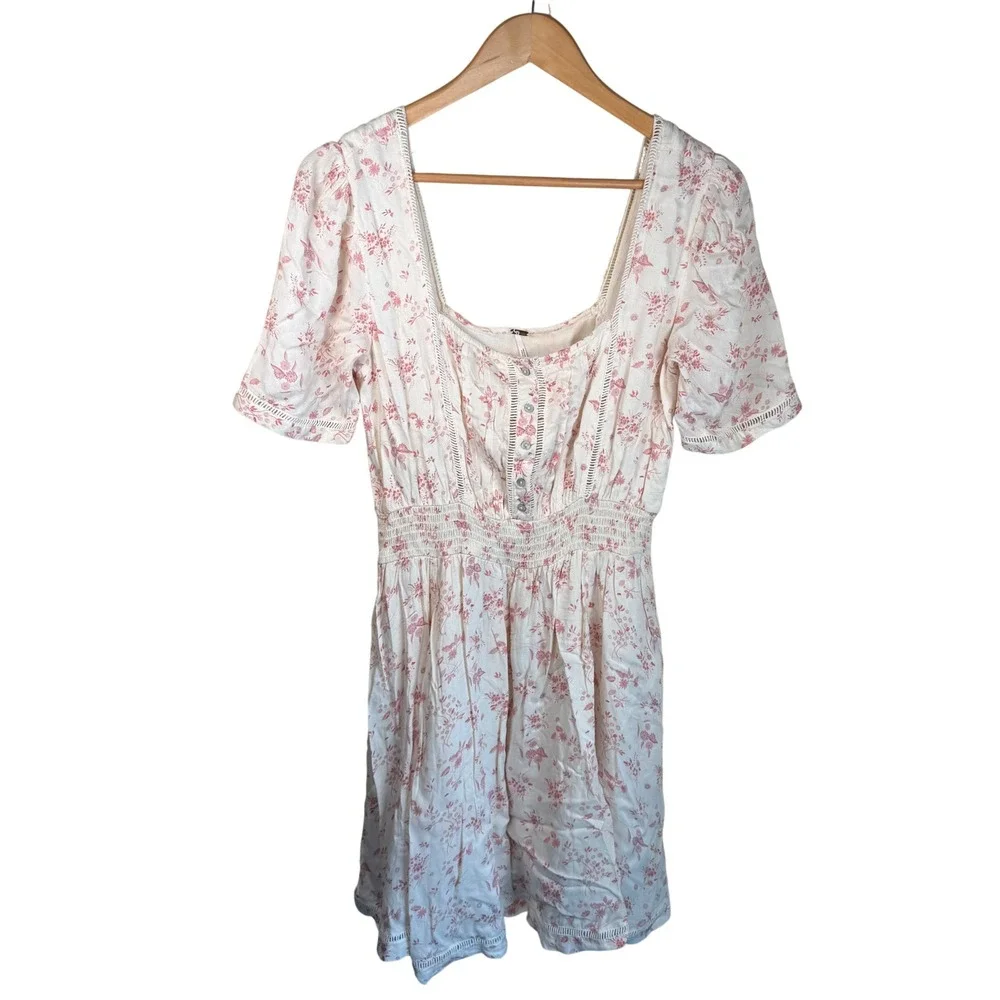Free People Dandelion Mini Dress Women Medium Cream Pink Floral Boho Cottagecore